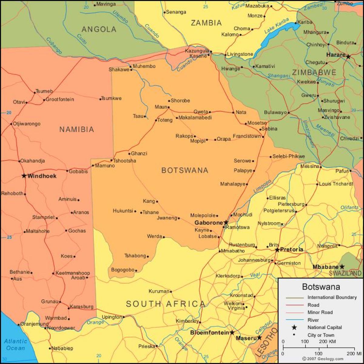 карта Ботсвана, с посочване на всички села