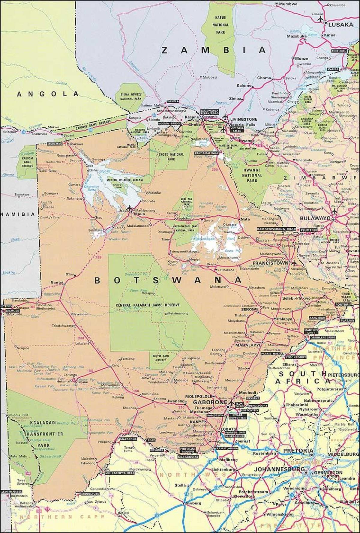 карта Ботсвана картата с разстояния