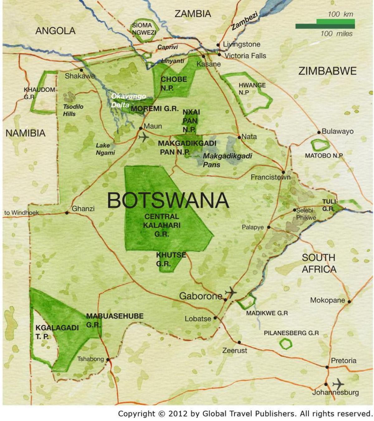 карта Ботсвана резервати 
