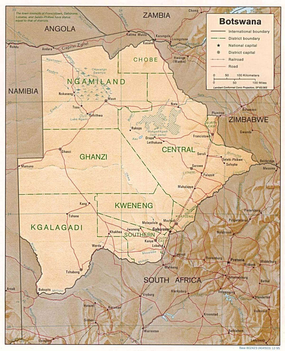 карта Ботсвана с участието на градове и села